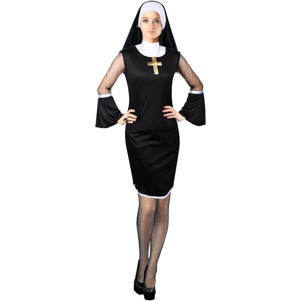Halloween Nun Costume Set Womens Black Dress Mesh Socks Headpiece Accessories
